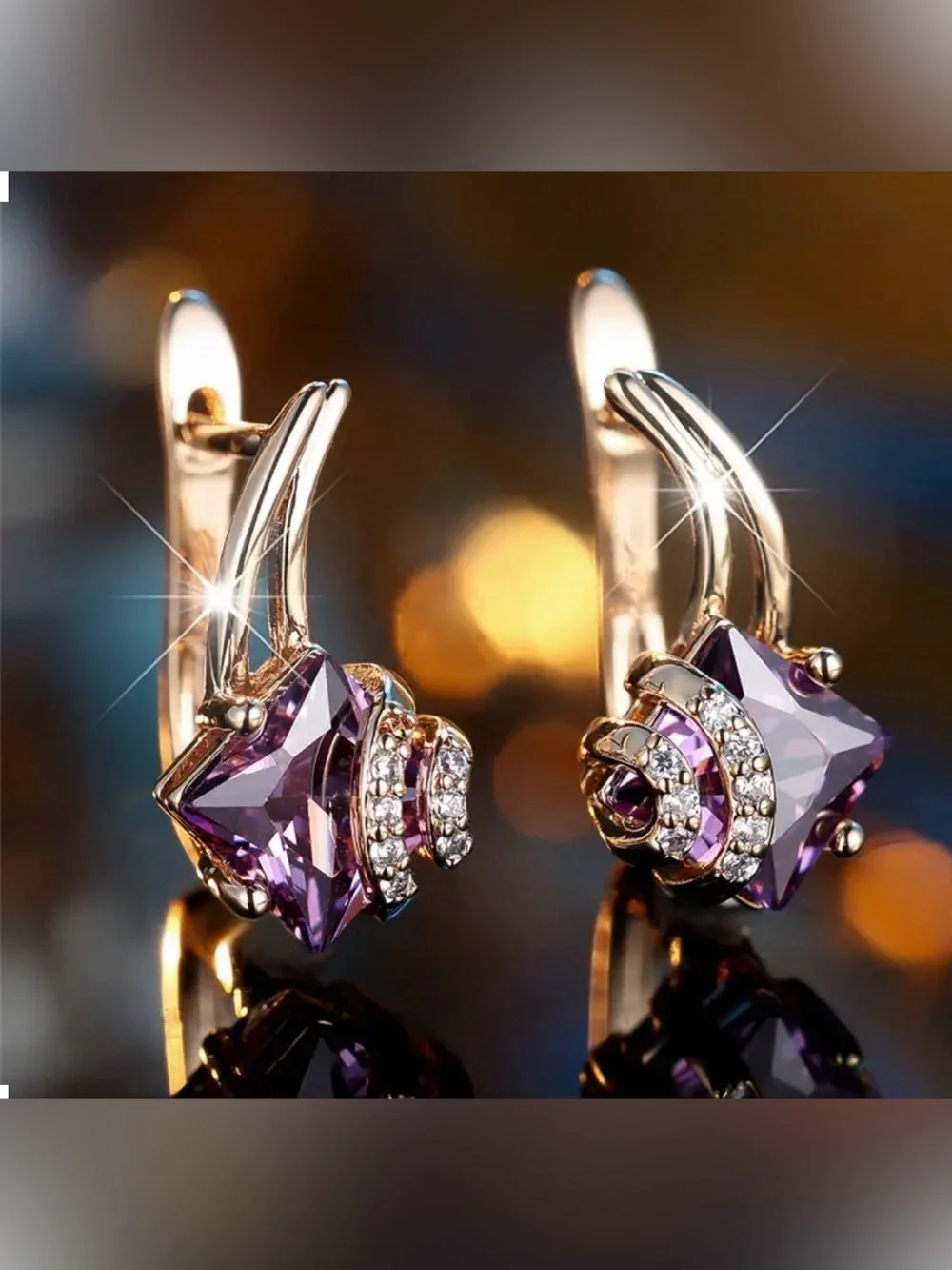 Bohemian Square Purple Gold Crystal Earrings.